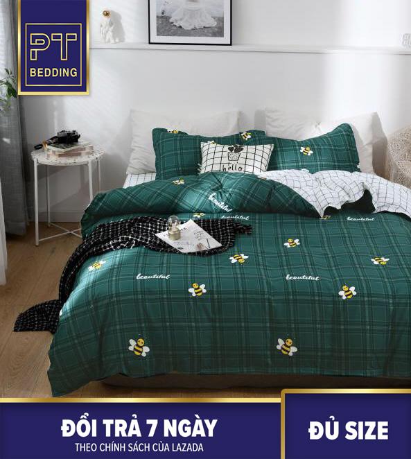Bộ Chăn Ga Gối ( 01 Drap + 1 vỏ mền + 2 áo gối ) Xanh Rêu Con Ong