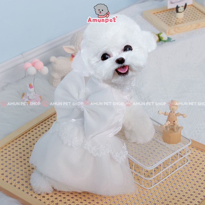 Đầm váy cưới cho chó mèo mẫu váy cô dâu cho cún thú cưng màu trắng đầm công chúa đính nơ to bản amun pet