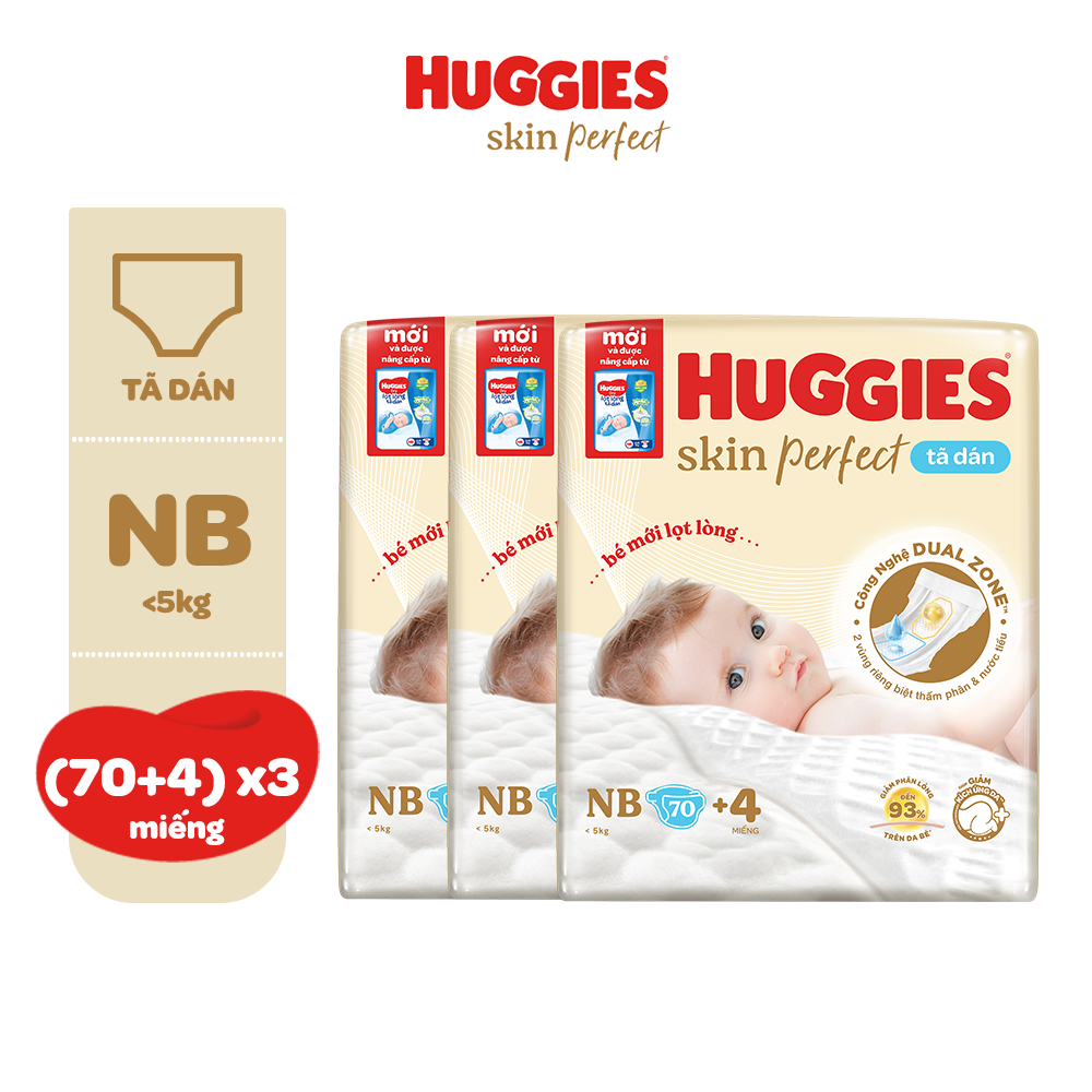 [Tặng 6 miếng cho size S80] Thùng 3 gói Tã Dán Sơ Sinh Huggies Skin Perfect NB70/S54/S80 Với 2 Vùng