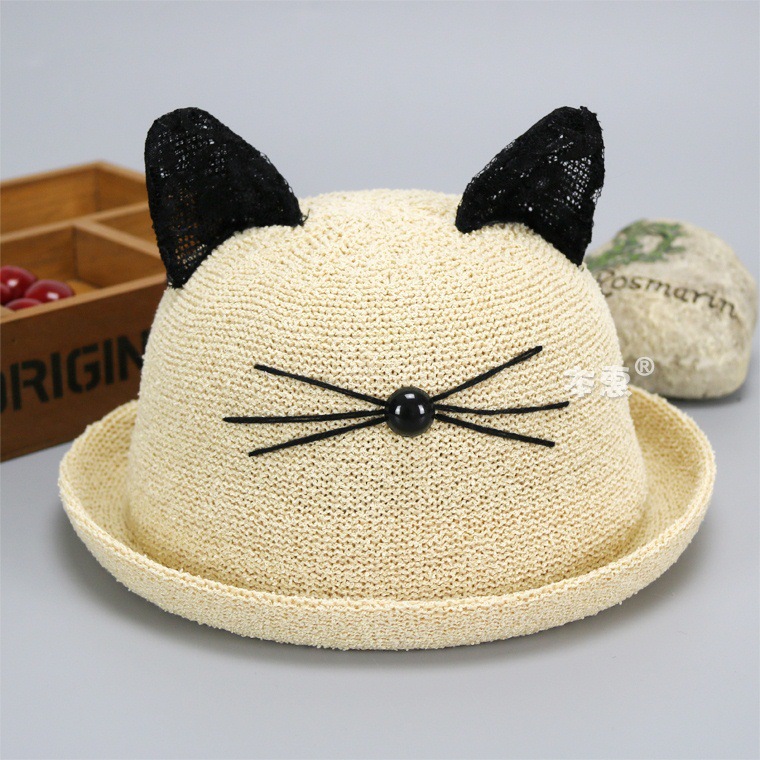 Mũ vành cho bé nón cói tai mèo màu trắng sữa dễ thương che nắng mùa hè thời trang trẻ em