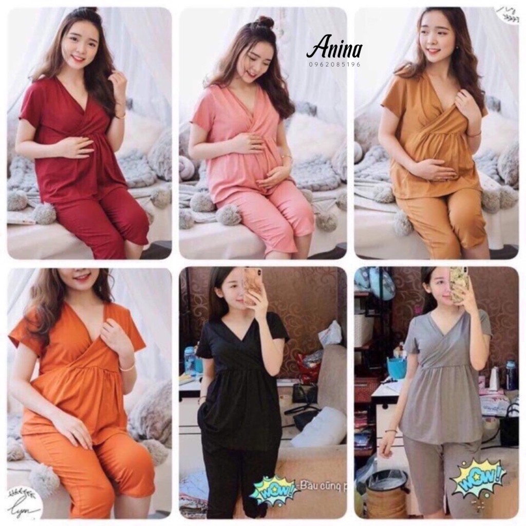 Bộ đồ bầu mặc nhà mùa hè ngắn tay - bộ đô bầu lửng vạt chéo sau sinh cotton thoáng mát