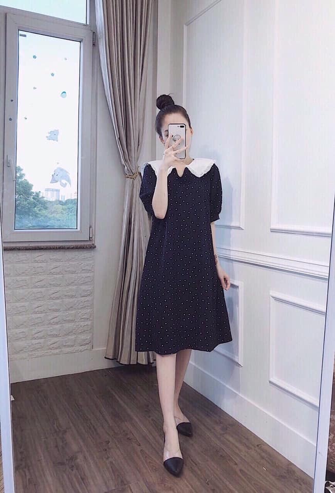 Váy bầu đẹp V26  FREESHIP  Đầm bầu chấm bi cổ sen chất mát hàng thiết kế full size S/M/L cho mẹ bầu