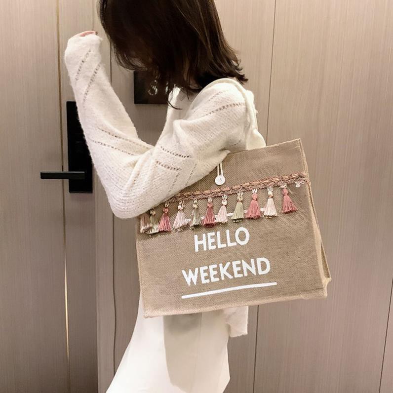 Túi cói hello weekend hàng đẹp dày dặn