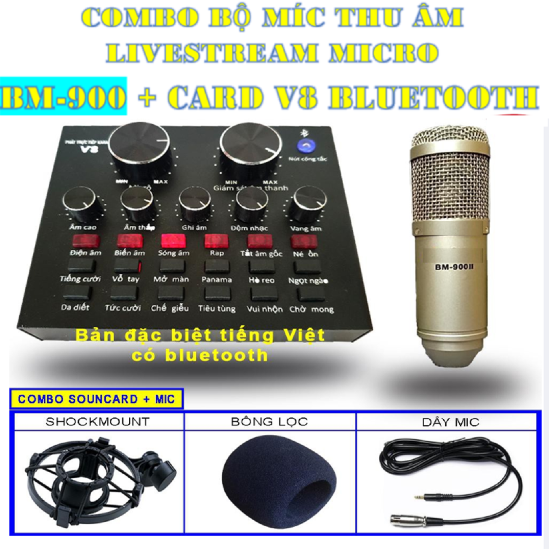 Combo Bộ Míc Thu Âm Livestream Hát Karaoke Online Micro Bm-900+ Card V8 Bluetooth, Tặng Tai Mdr - Xb450Ap,Đủ Bộ Thu Âm Chuẩn,Cho Bạn Thỏa Sức Trổ Tài Làm Ca Sĩ Thực Thụ.