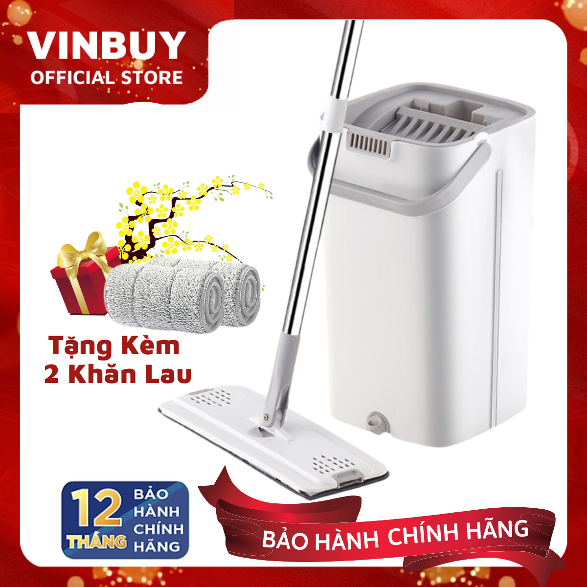 Bộ cây lau nhà VinBuy kèm thùng tự vắt thông minh, chổi lau nhà xoay 360 độ lau sạch nhanh - Hàng chính hãng