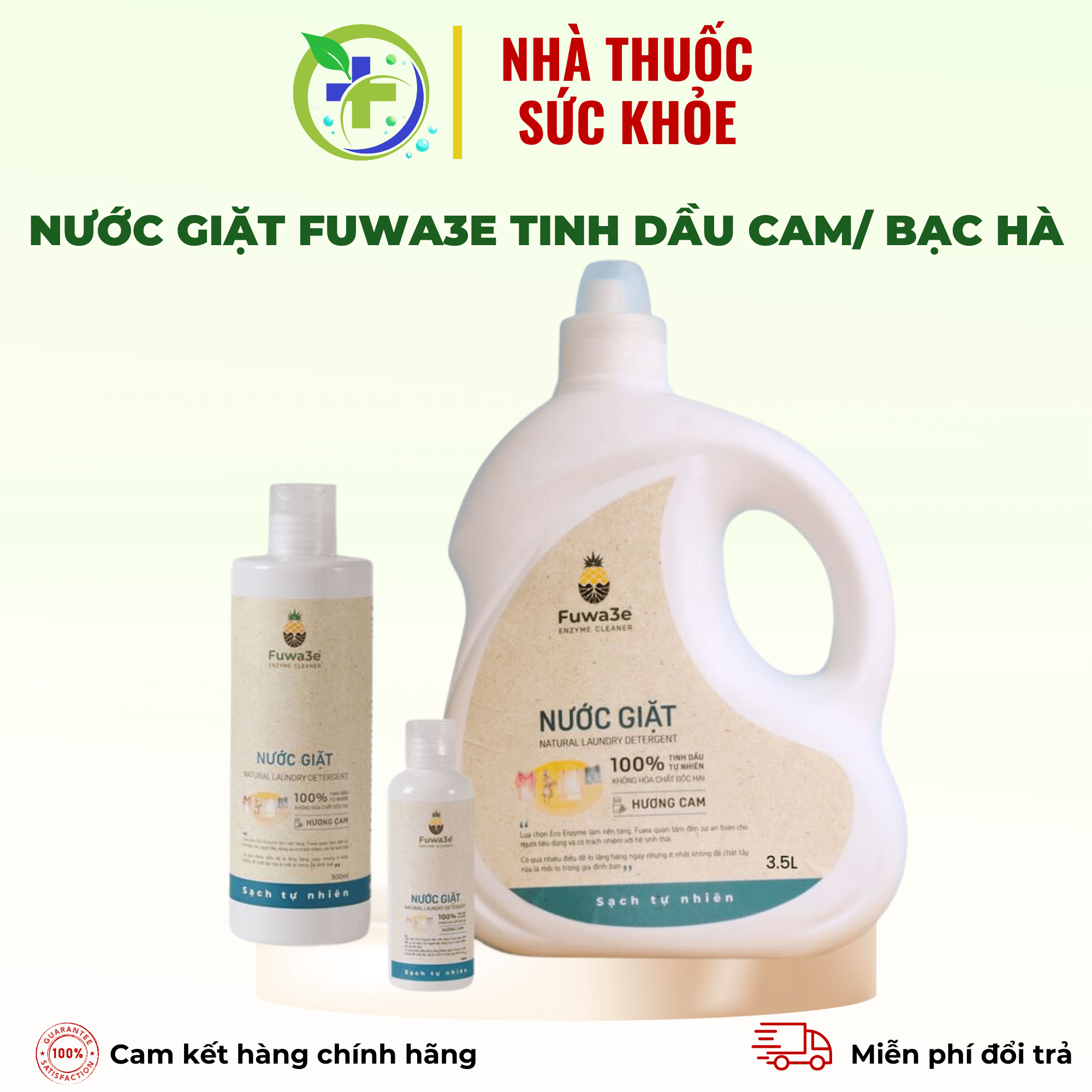 Nước giặt Fuwa3e tinh dầu cam/ bạc hà - Sạch nhanh, an toàn, dùng giặt quần áo, đồ lót