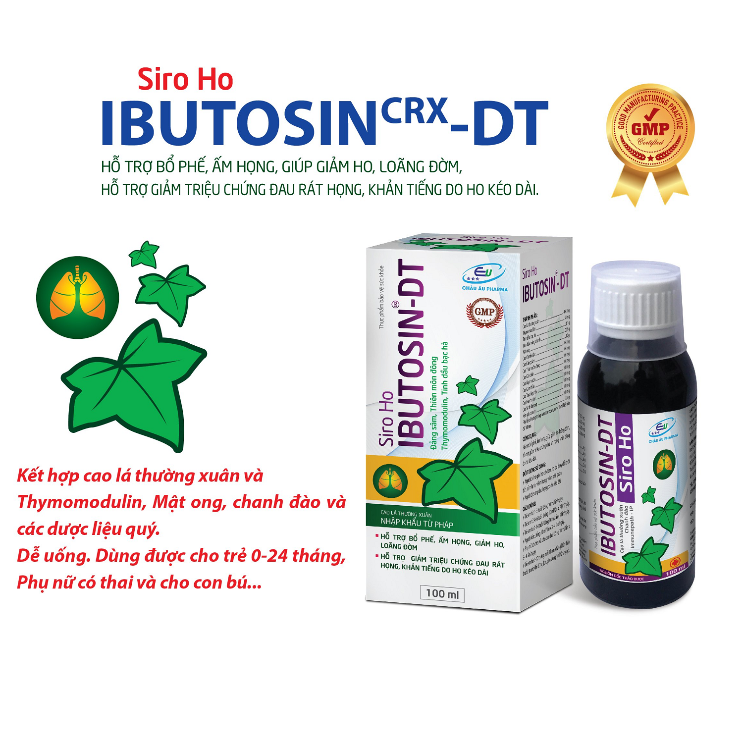 Siro Ho Ibutosin DT - Chiết Xuất Cao Lá Thường Xuân, Mật Ong Chanh Đào - Khỏi Lo Ho, Hắt Hơi Sổ Mũi, Giảm Đờm, Đau Rát Họng Không Cần Dùng Kháng Sinh - An Toàn Cho Trẻ Sơ Sinh Và Trẻ Nhỏ Lọ 100 Ml