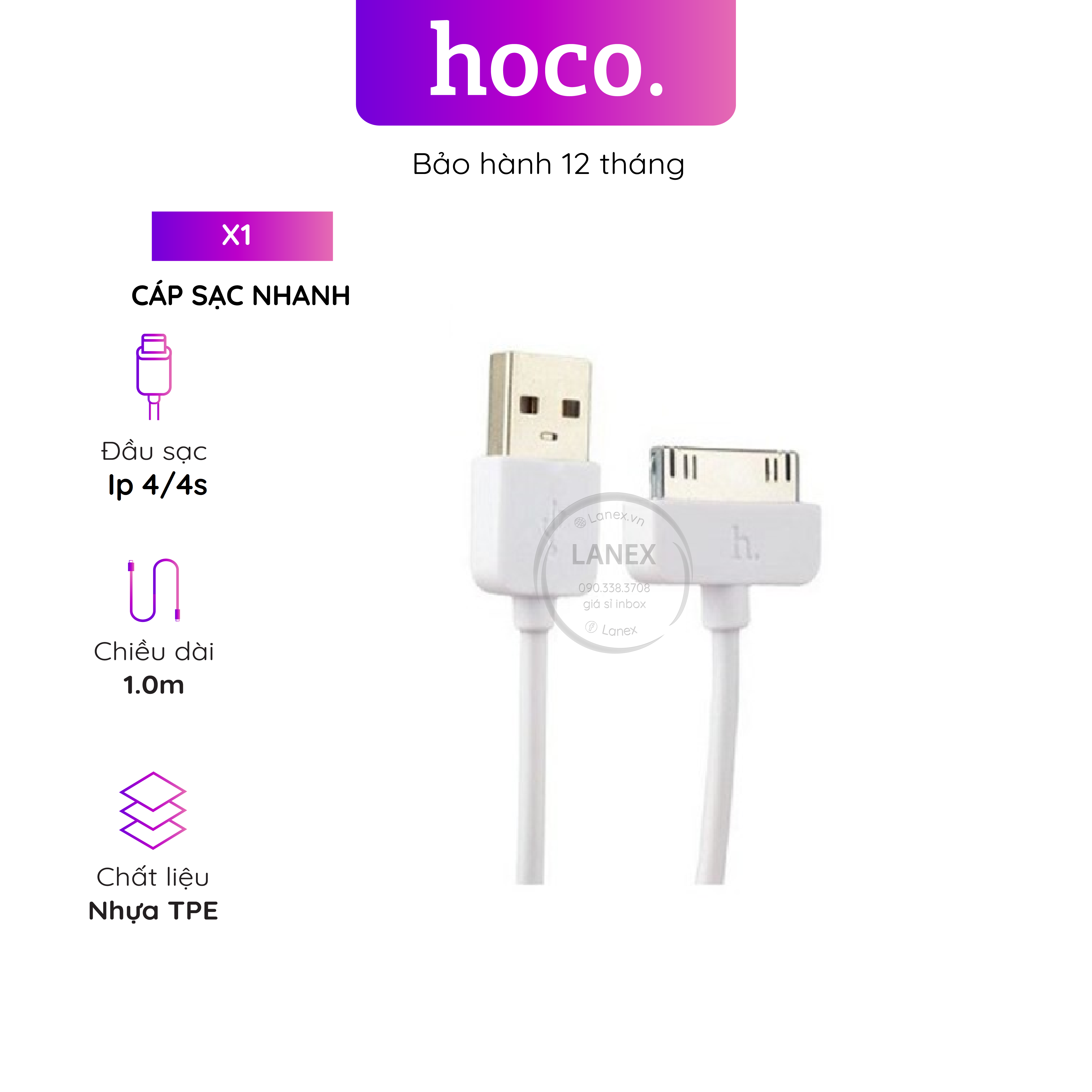 Cáp Sạc Nhanh Hoco X1 Nhựa Tpe Iphone 4 / 4s Dài 1.0m