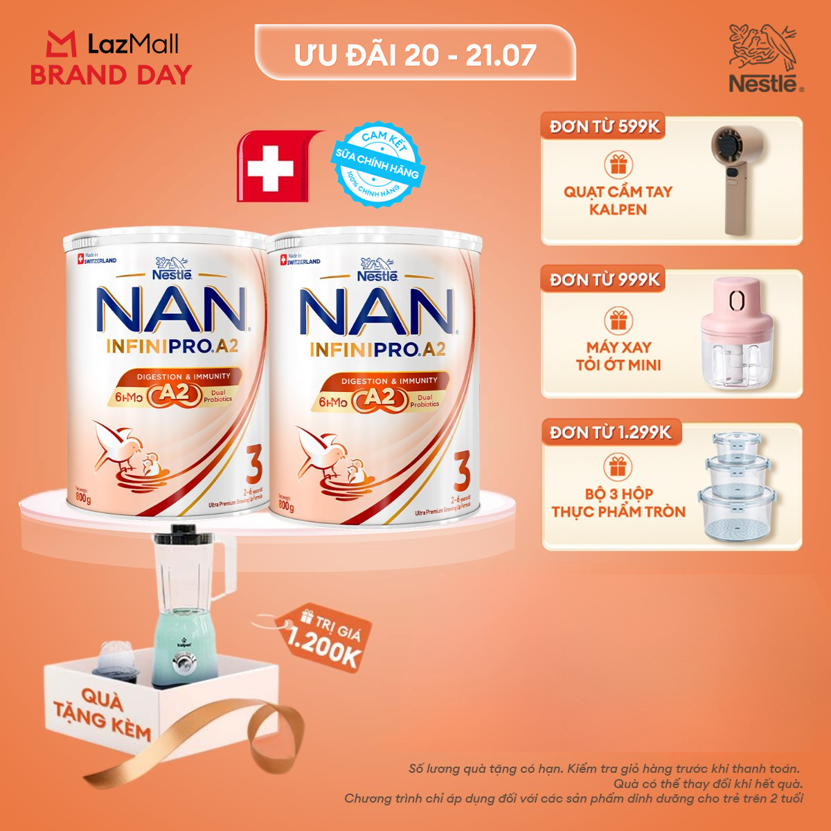 [CHỈ 20-21.07 QT ĐƠN 599K/999K/1299K][Tặng Máy xay sinh tố Kalpen kèm cối nhỏ] Combo 2 lon Sữa bột Nestle NAN INFINIPRO A2 3 800g Cho Bé 2 - 6 Tuổi Có Đạm A2, 6HMO  Lợi Khuẩn Kép hỗ trợ tiêu hóa, đề kháng