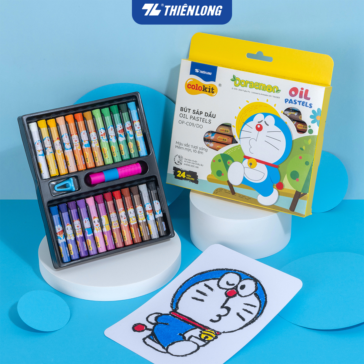 Sáp dầu Pastel Thiên Long Colokit Doraemon OP-C09/DO 24 màu, tặng kẹp chống bẩn, chuốt