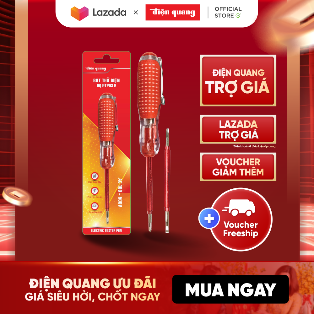 Bút thử điện Điện Quang ĐQ ETP03 R thiết kế có thể đổi đầu (2 đầu vít 160 mm màu đỏ)