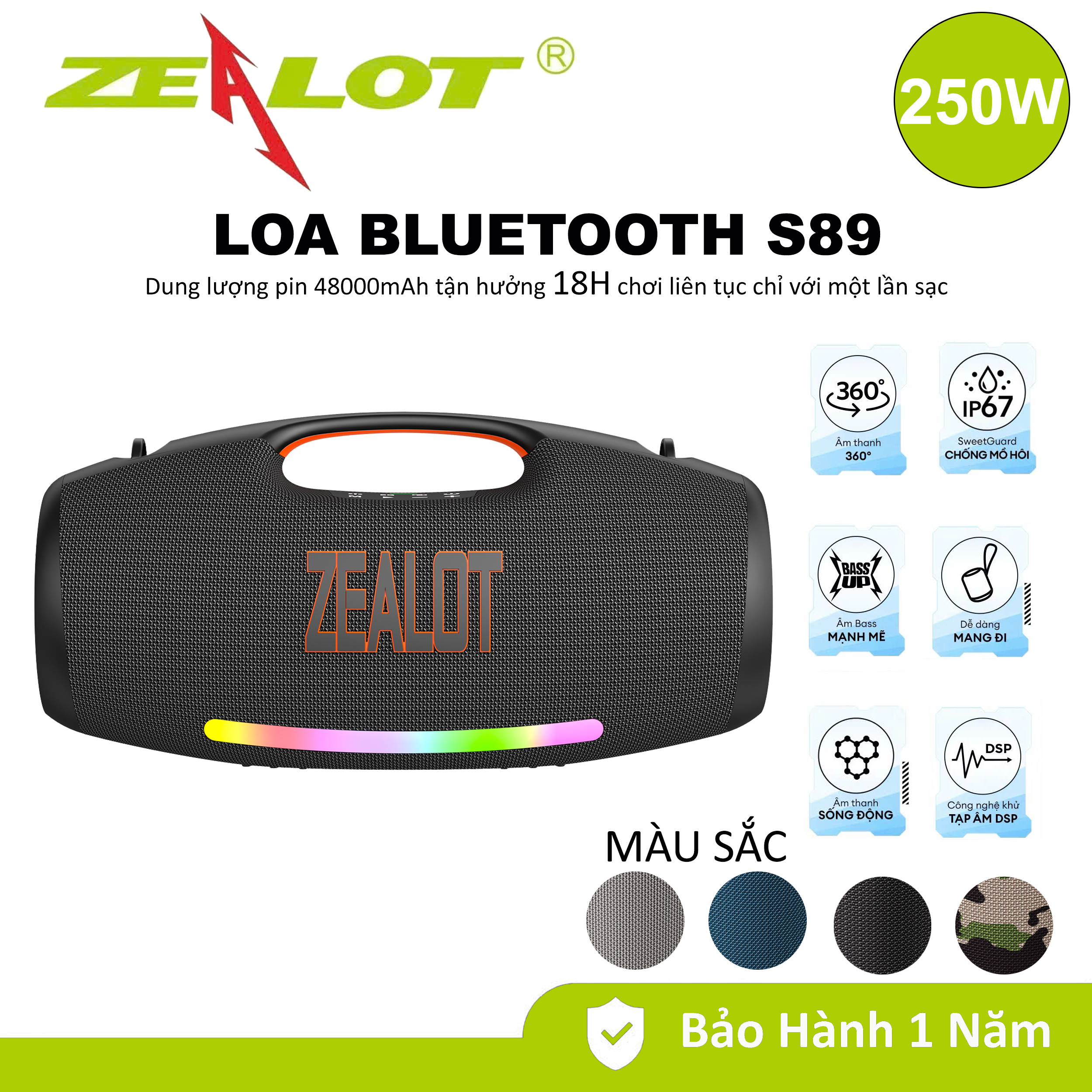 Loa karaoke bluetooth ngoài trời Zealot S89 chuyên nghiệp, loa siêu trầm di động công suất 250W, đèn LED không dây, loa Hifi - Chính hãng
