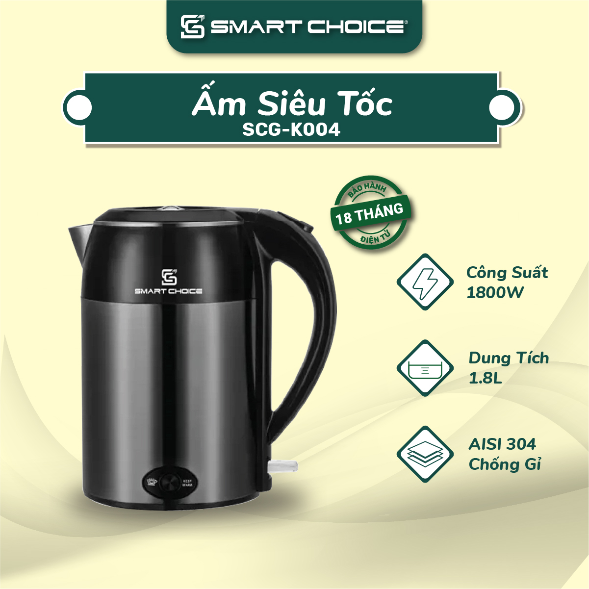 Bình đun nước siêu tốc smartchoice scg-k004 1.8l coex đa năng, bình đun siêu tốc, ấm siêu tốc giữ nhiệt thép không gỉ cao cấp.