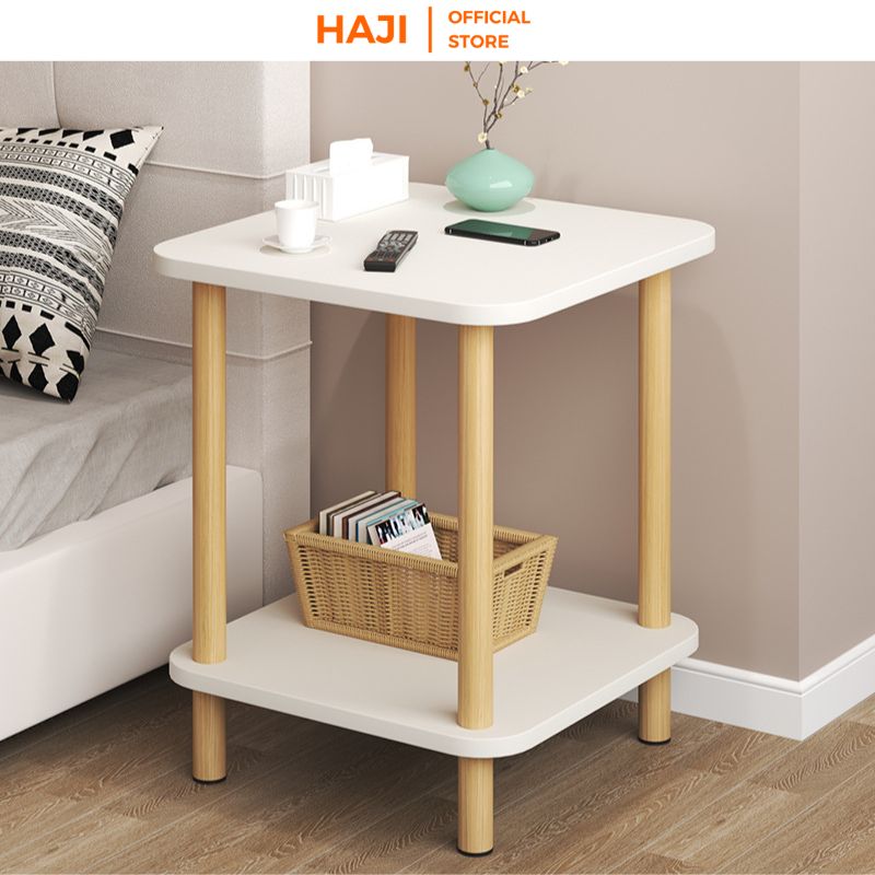 Bàn trà 2 tầng chân sồi hiện đại chắc chắn, Bàn cafe kết hợp tab đầu giường thông minh HAJI AP251