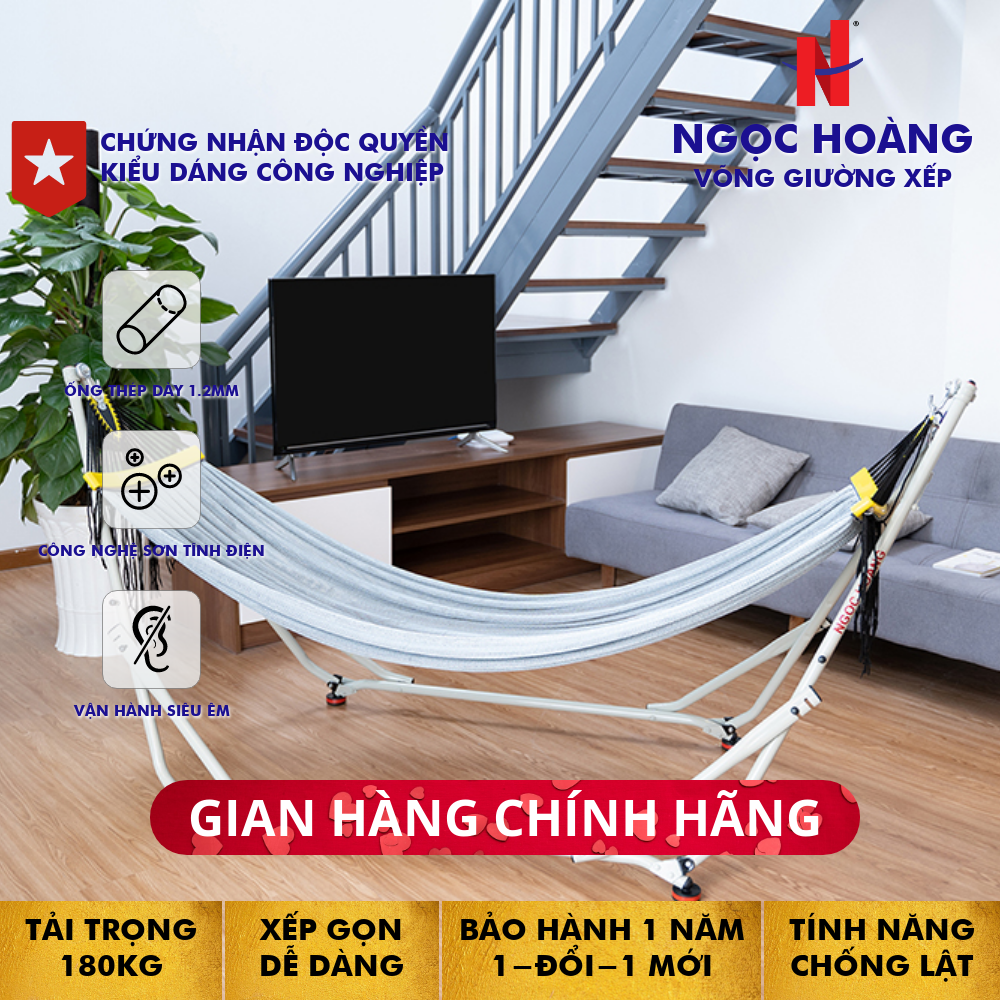 Ngọc Hoàng - Nguyên bộ khung võng xếp đa năng (White) kèm lưới võng (Grey) - Thép nhập khẩu ống dày 1.2mm  sơn tĩnh điện, kết hợp tính năng treo võng, treo xích đu, treo nôi em bé, treo thanh phơi đồ, đã được cấp bằng độc quyền kiểu dáng công nghiệp