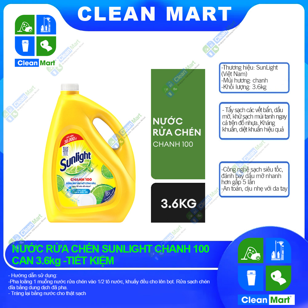 Sunlight Lemon Dishwashing Liquid 100 Removes Stubborn Grease Can 3.6kg- Clean Mar