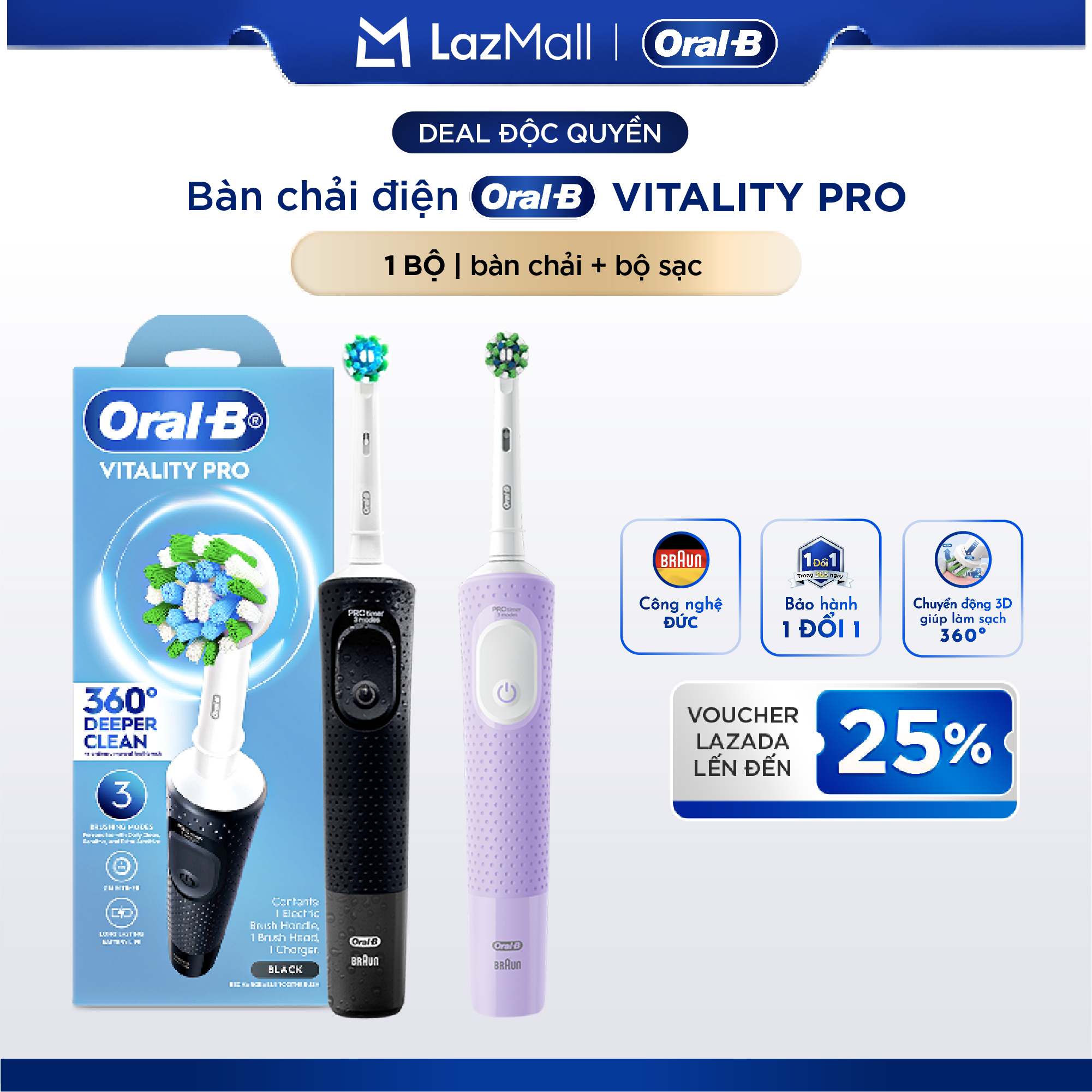[Fast 1H - 2H] Oral-B Vitality Pro Electric Toothbrush with 3 Modes Helps Clean Deep between Teeth