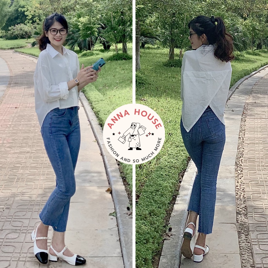 Áo sơ mi nữ cổ đức dài tay màu trắng, xanh xẻ vạt sau lưng dáng ngắn, Áo sơ mi nữ tay dài xẻ vạt sau xanh lá hot hit