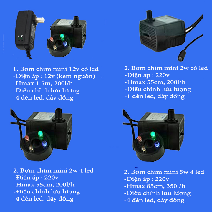 Bơm chìm mini tiểu cánh có đèn led
