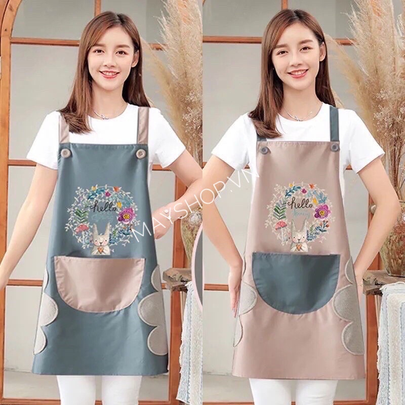 Tạp Dề Chống Thấm Nước Có Túi Lớn , Tạp Dề Nấu ăn Hoạ Tiết Hoa Xinh Xắn