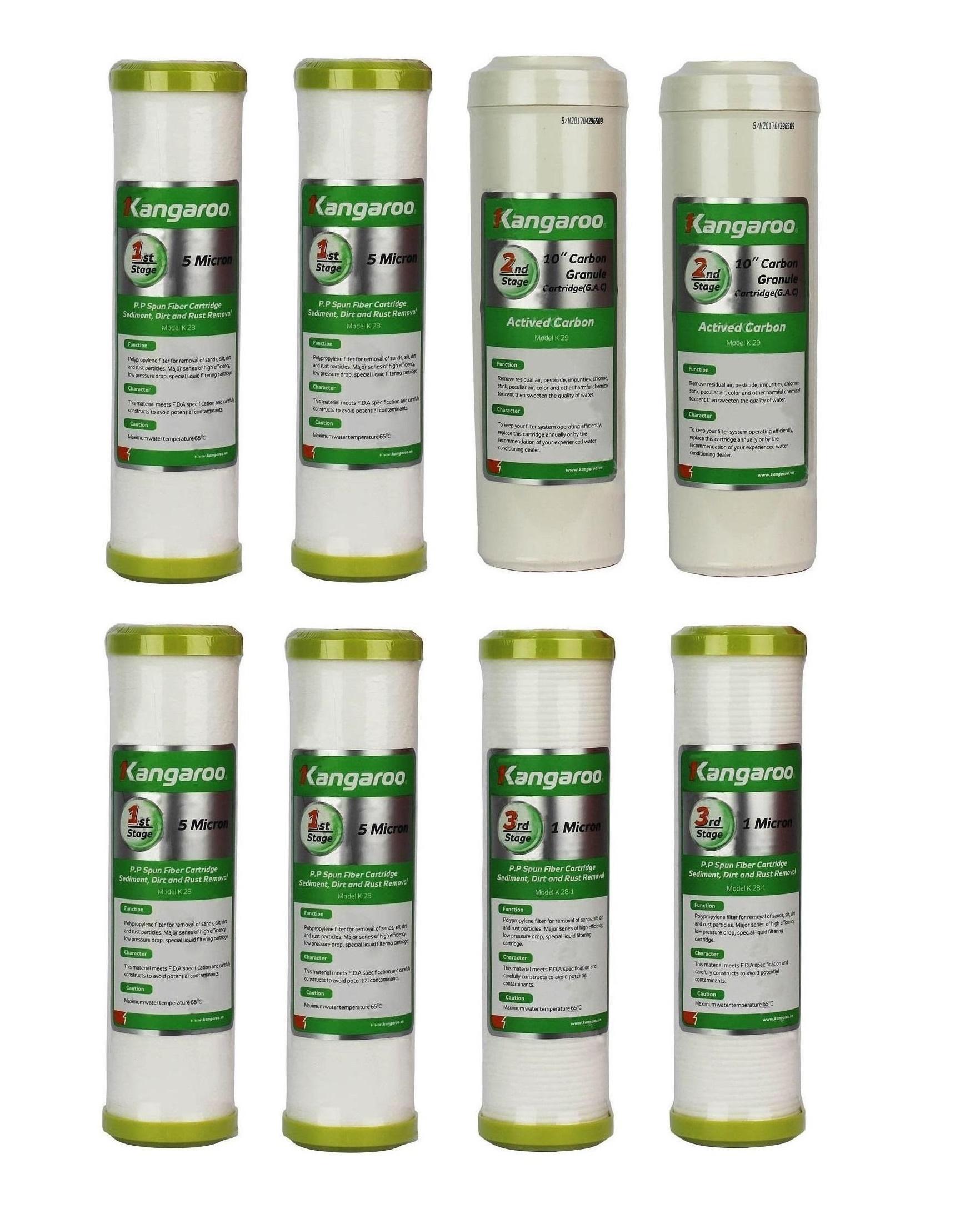 Bộ 08 Lõi Lọc Nước Kangaroo - Hãng phân phối, gồm: 04 Lõi số 1, 02 Lõi số 2 và 02 Lõi số 3 - Máy Lọc nước RO Kangaroo