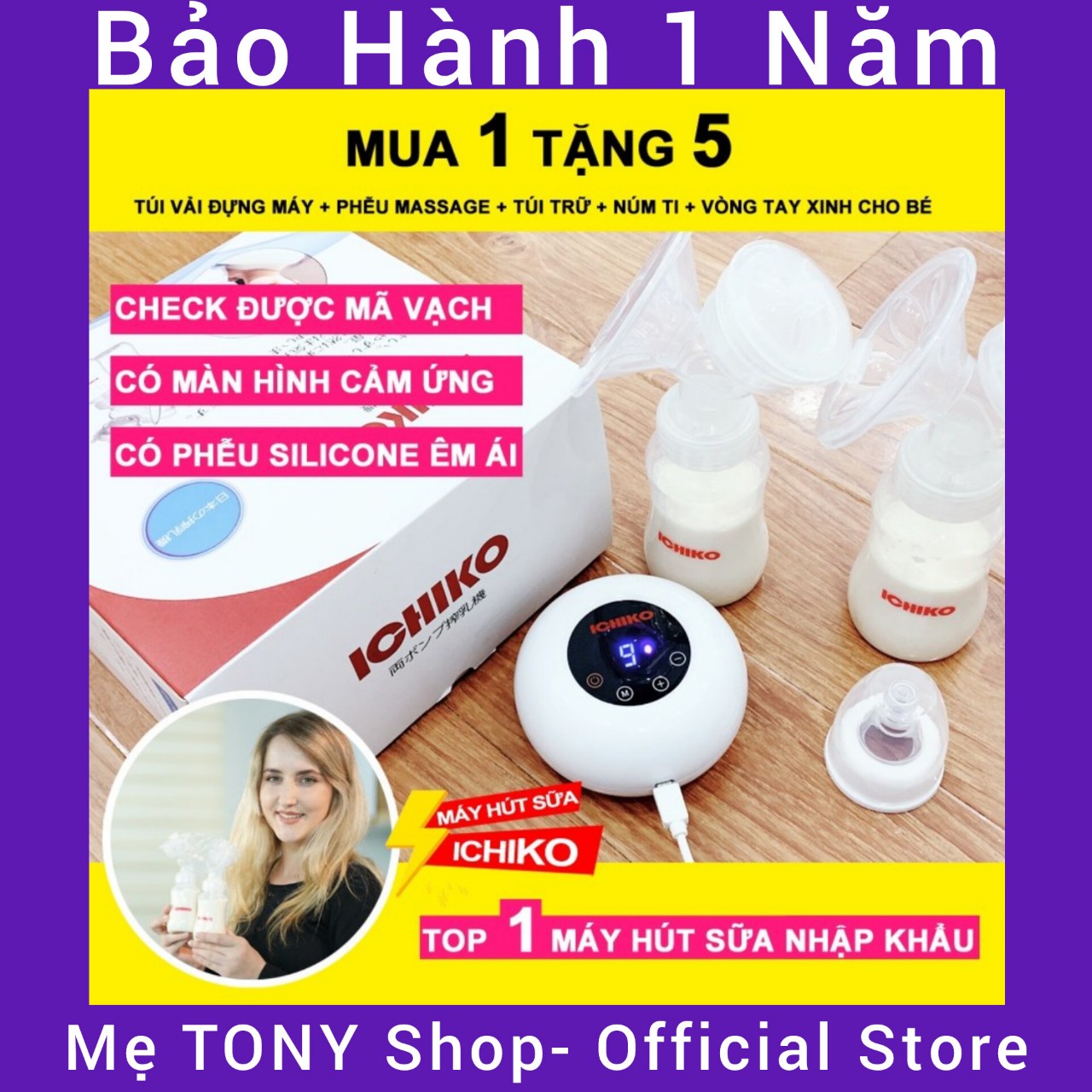 [1 Đổi 1-Chính Hãng]Máy Hút Sữa Điện Đôi ICHIKO Nhật Bản-Bản Nâng Cấp M5(Kích Hút-Thông Tắc)
