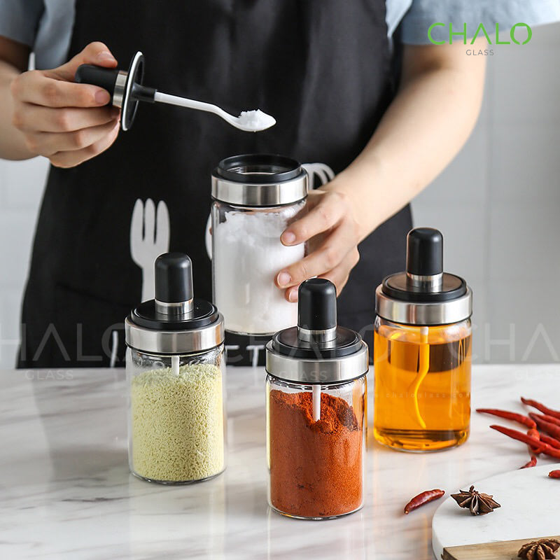 Combo 3 hũ thuỷ tinh đựng gia vị có thìa múc 250ml, lọ thuỷ tinh, hũ thuỷ tinh nhà bếp, hũ thuỷ tinh đựng gia vị thực phẩm