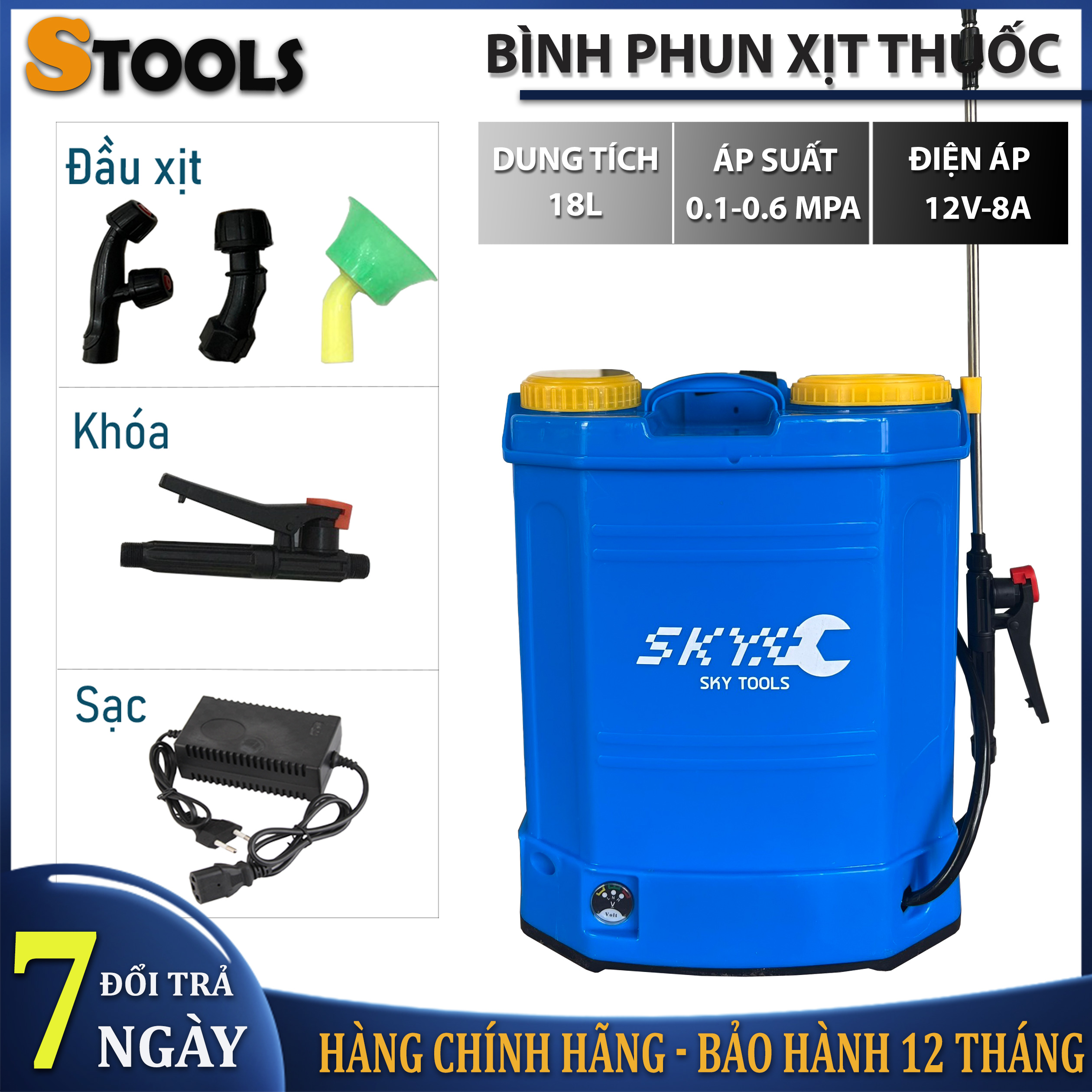 Bình phun thuốc trừ sâu điện Skytool | Bình xịt điện, phun thuốc khử trùng, phun thuốc trừ sâu, tưới cây hãng Sky | Dung tích 18L - Chạy acquy 12V