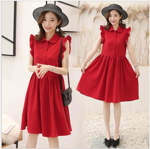 [HCM]ĐẦM BẦU VÁY BẦU CÔNG SỞ CỔ ÁO LÁ SEN ĐỎ sau sanh co nút mở cho bé búbé bú