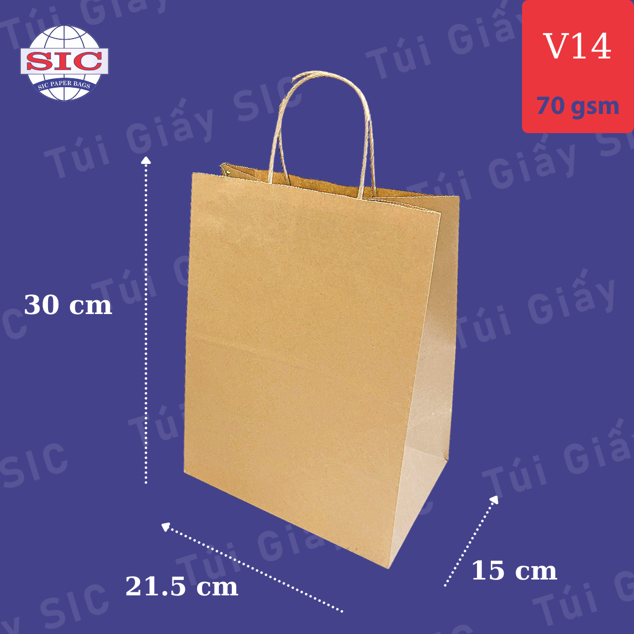 Túi giấy kraft v14: 21.5x15x30 cm có quai