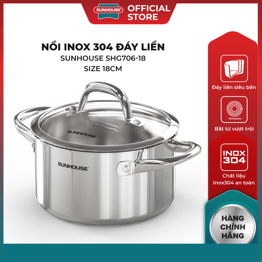 [Nồi luộc gà size 28] Nồi Inox SUNHOUSE SUNHOUSE SHG706 đáy liền nguyên khối siêu bền bắt từ siêu nhạy