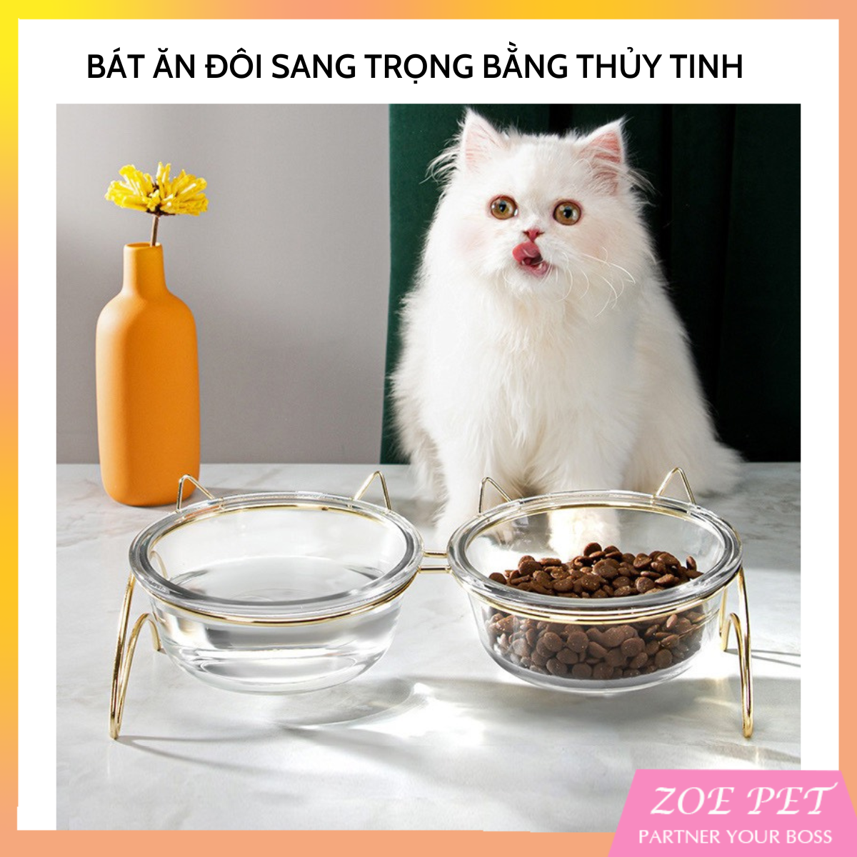 Bát ăn cho chó mèo chất liệu thủy tinh chịu lực cao cấp, bát ăn chó mèo nghiêng chống mỏi cổ