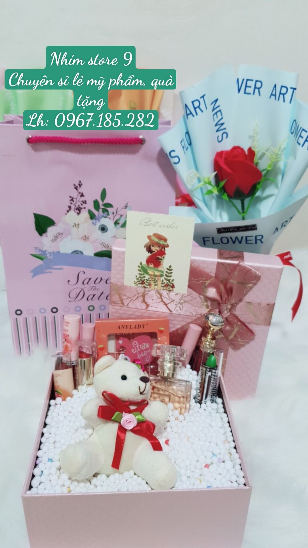 Combo quà tặng sinh nhật, quà tặng ngày lễ, kỉ niệm sang trọng (Đủ hoa,  gấu, túi quà và bộ quà tặng như hình) - Mặt 
