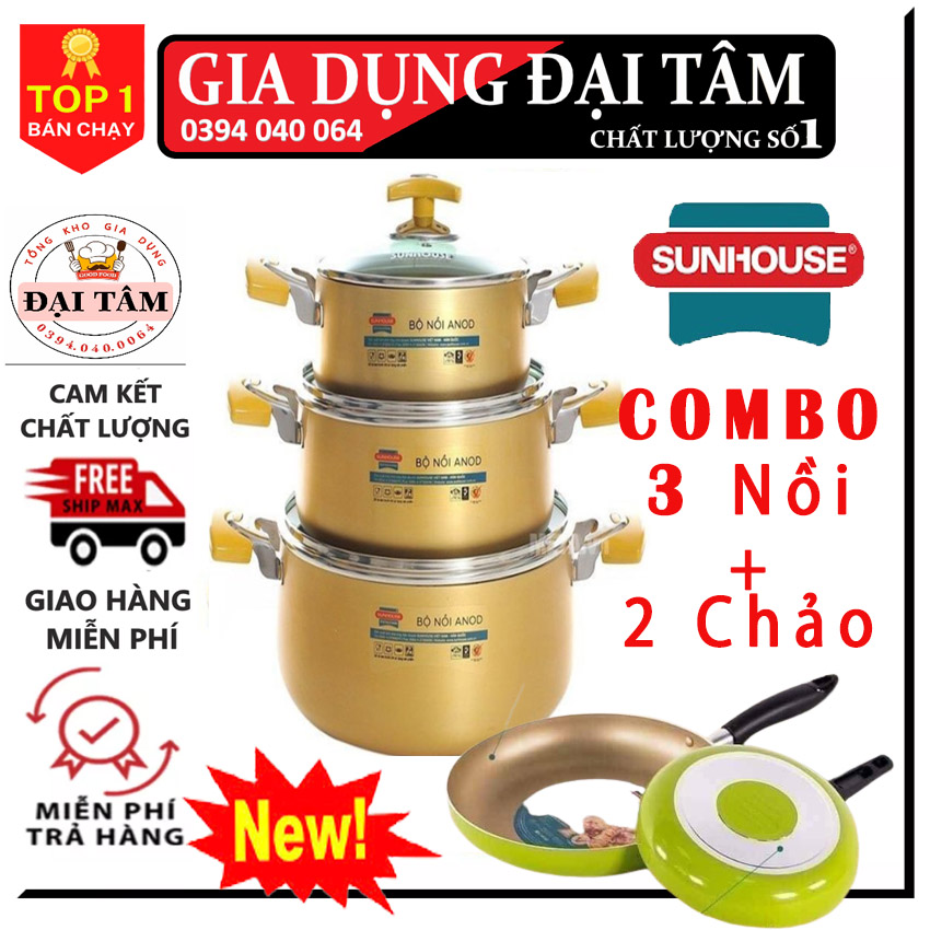 Bộ 3 nồi inox cao cấp anod sunhouse sh6634 dùng cho mọi loại bếp, cam kết hàng chính hãng. dùng cho mọi loại bếp bảo hành 24 tháng laz gold