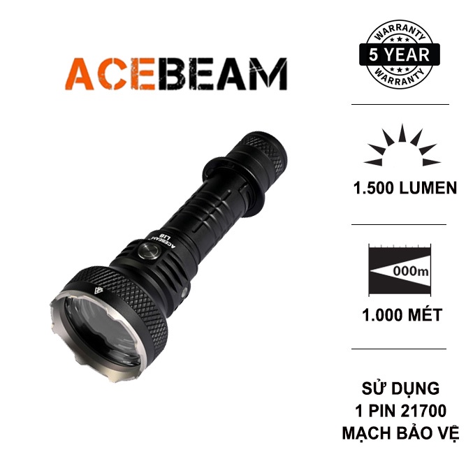 Acebeam l18 đèn pin tác chiến nhỏ gọn tầm chiếu siêu xa 1000m độ sáng 1500 lumen bóng led osram sử dụng 01 pin 21700 đèn đèn pin