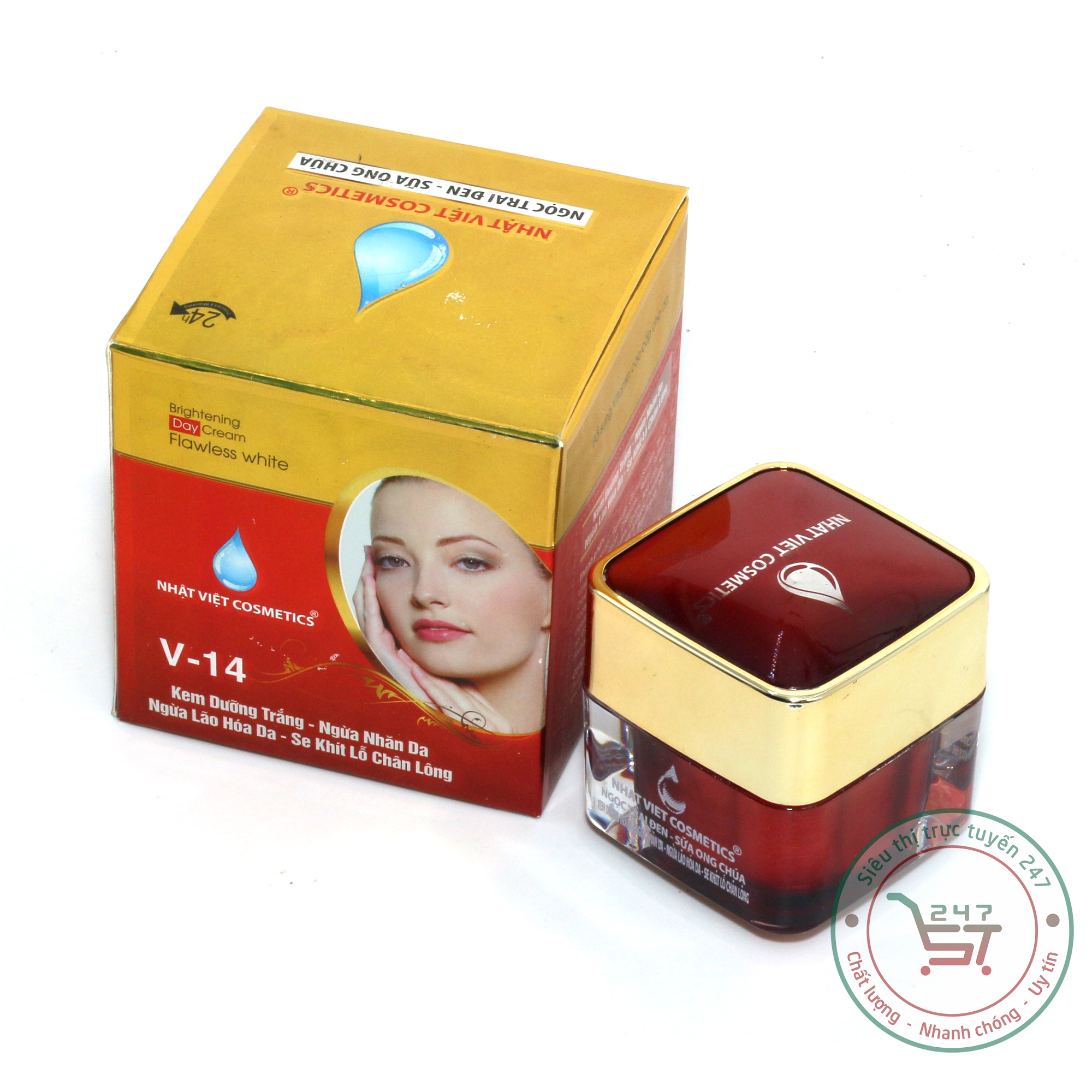  Kem dưỡng trắng da mặt chống lão hóa se khít lỗ chân lông Ngọc trai đen sữa ong chúa Nhật Việt V14 13g  đỏ-vàng  