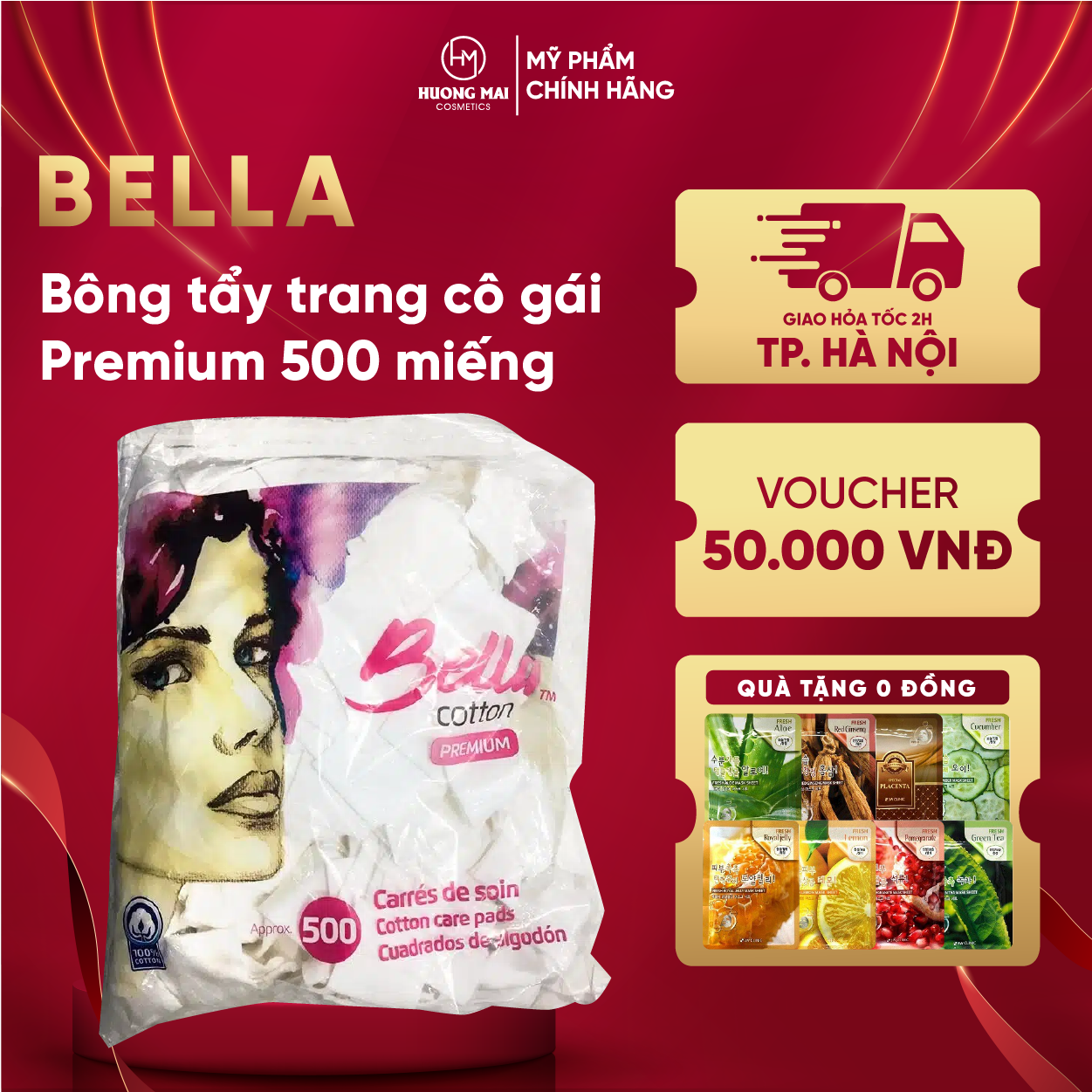 Bella- Bông tẩy trang cô gái Premium 500 miếng