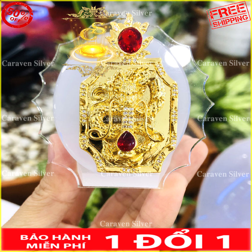 Mặt dây chuyền họa tiết rồng ngậm ngọc đỏ có hào quang đính ngọc đỏ mạ vàng 18k - Kích thước 3x6cm, họa tiết rõ nét, sắc xảo - Caraven silver - TH