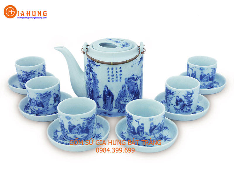 Bộ ấm tích men lam vẽ  trúc lâm thất hiền loại 1.5L  gốm Gia Hưng Bát Tràng