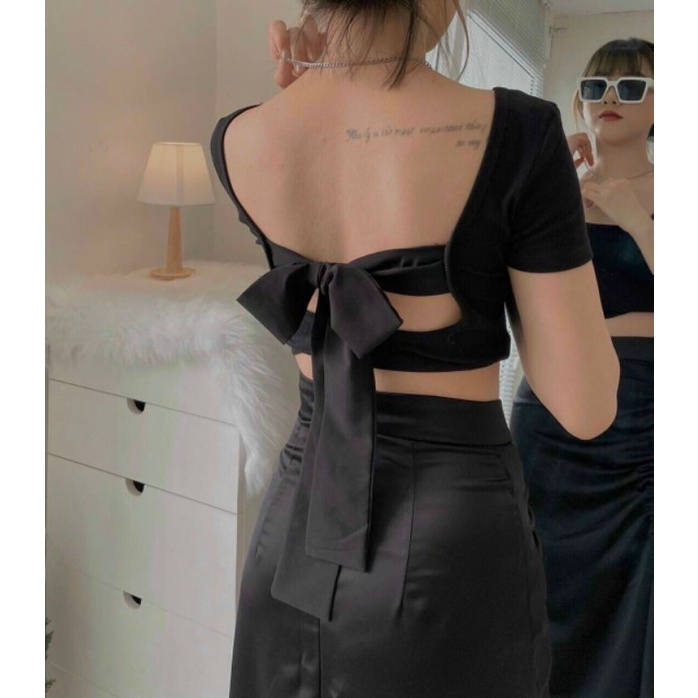 Áo croptop cột nơ voan tay ngắn