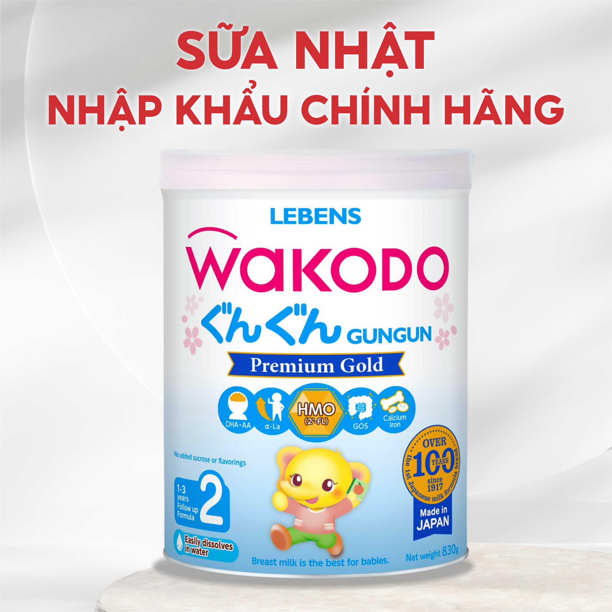 Sữa bột nhập khẩu Nhật Bản Wakodo Gungun số 2 cho trẻ từ 12-36 tháng lon 830g