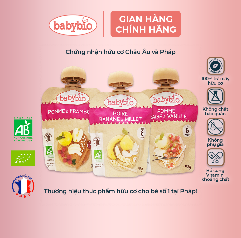 Trái cây nghiền hữu cơ cho bé Babybio 90g (từ 6 tháng tuổi)