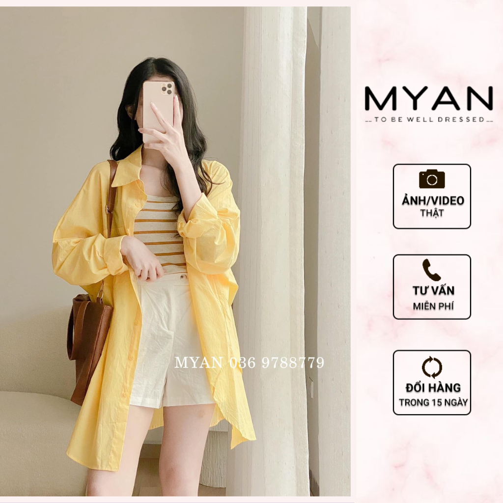Áo sơ mi nữ dáng rộng myan áo sơ mi cổ đức xẻ vạt đuôi tôm chất thô mềm màu trắng, vàng a072202
