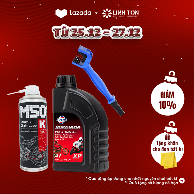[HCM](10w40) Combo Nhớt nhập khẩu cao cấp Fuchs Pro 10W40 + Dưỡng sên phủ sứ Voltronic M50 ( M50K) Ceramic Chain Lube + bàn chải
