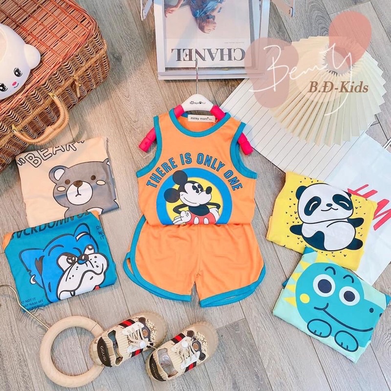 Bộ ba lỗ minky mom cho bé, BỘ ba lỗ thun lạnh minky mom cao cấp in mickey gấu dễ thương