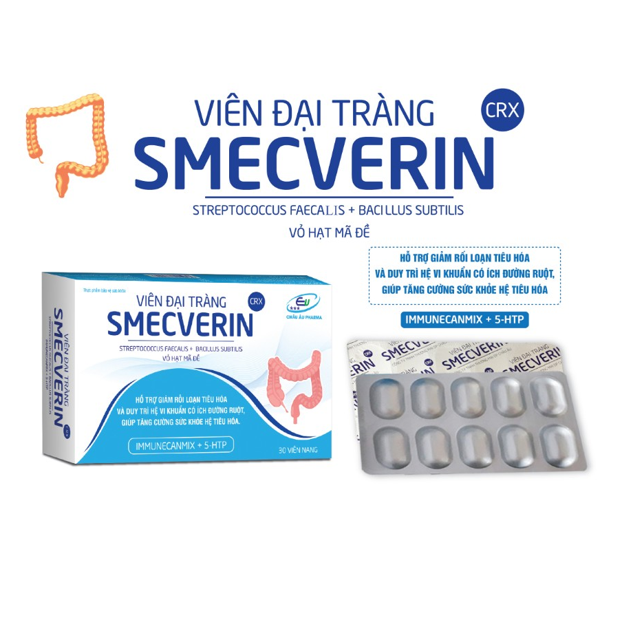 Viên Đại Tràng Smecverin - Khỏi Lo Viêm Đại Tràng Co Thắt - Hội Chứng Ruột Kích Thích - Rối Loạn Tiêu Hóa - Hộp 30 Viên