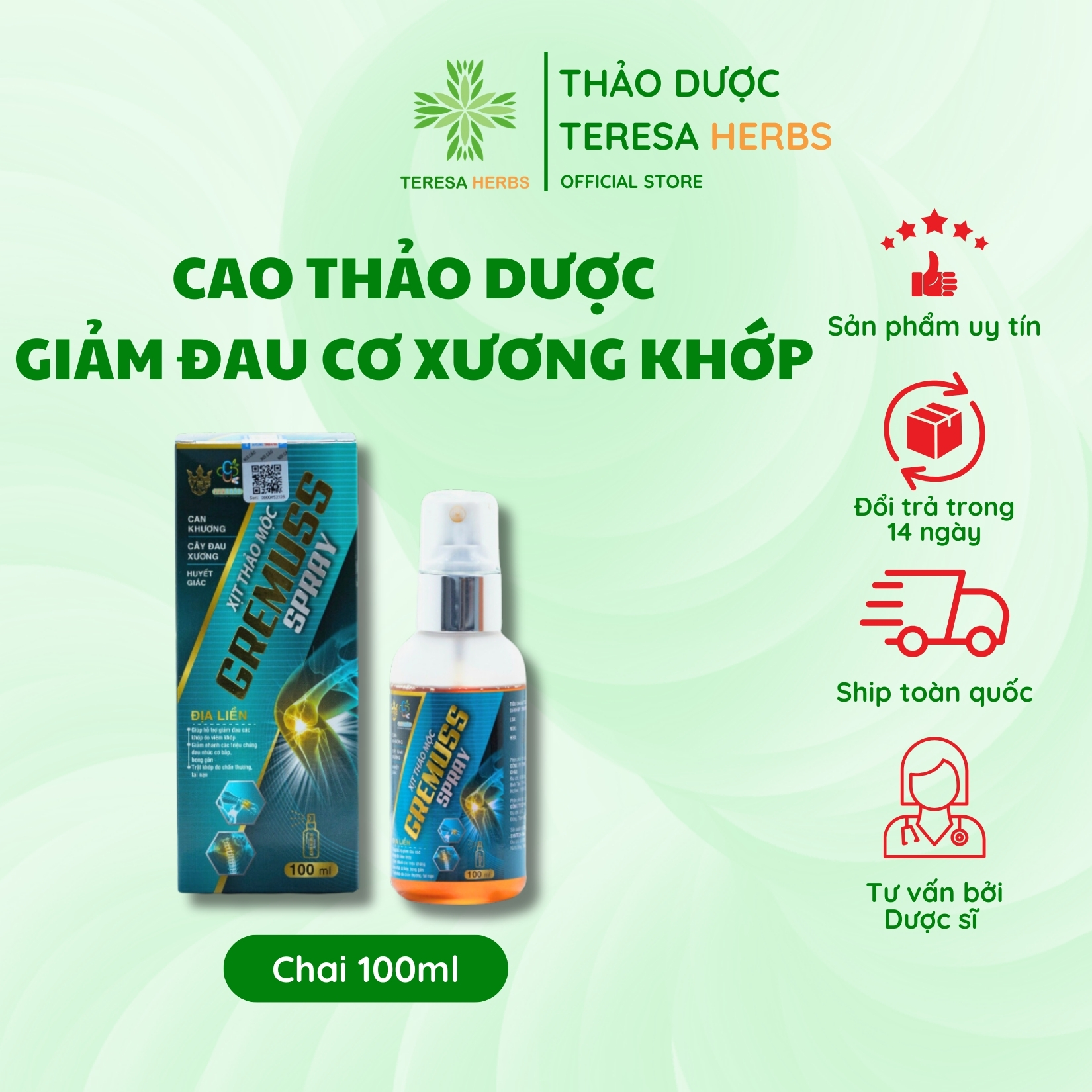 Xịt giảm đau khớp thảo dược Vạn Sinh Châu Gremuss Spray chai 100ml