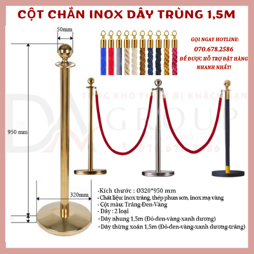 Cột chắn phân luồng lối đi inox tròn dây trùng 1,5m, trụ phân cách sự kiện