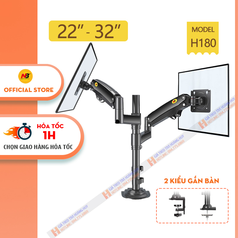 Giá Treo 2 Màn Hình NB H180 22 - 32 Inch - Giá Đỡ Hai Màn Hình Gắn Bàn Xoay 360 Độ [ Cao Cấp Hơn NB F160 ]