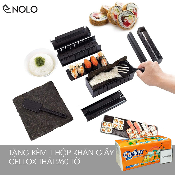 Bộ Dụng Cụ Khuôn Làm Sushi Cơm Cuộn Kimbap 10 Món Chất Liệu Nhựa PP Tặng Kèm 1 Hộp Khăn Giấy Cellox 260 Tờ
